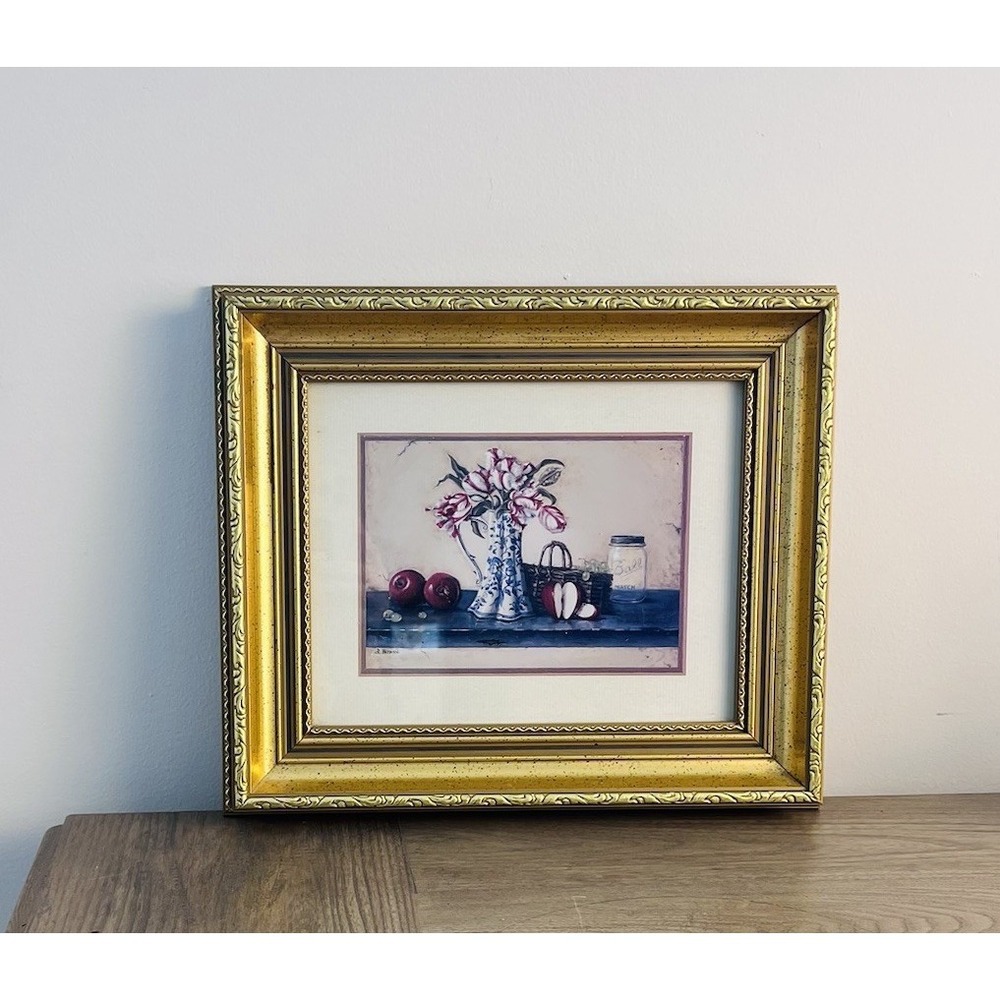 Vintage R Hepburn Still Life Print Gold Frame Tulips Apples Country Decor